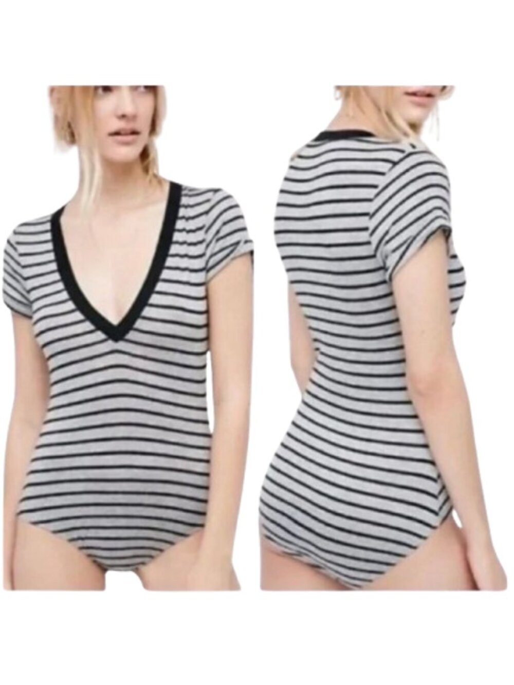 Free People Gray and Black Striped V-Neck Short Sleeve Bodysuit